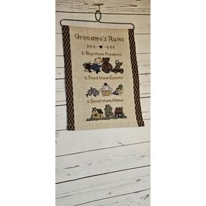 Vintage Grandmas Rules Woven Tapestry Wall Hanging Country Farmhouse Decor 18x12
